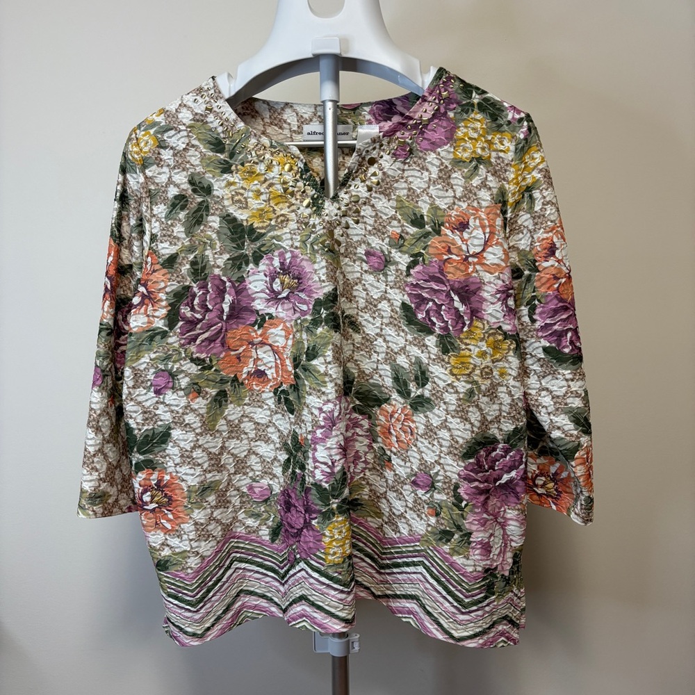 Alfred Dunner V Neck Floral Pattern 3 Qtr sleeve Tunic Top Sz XL Petite